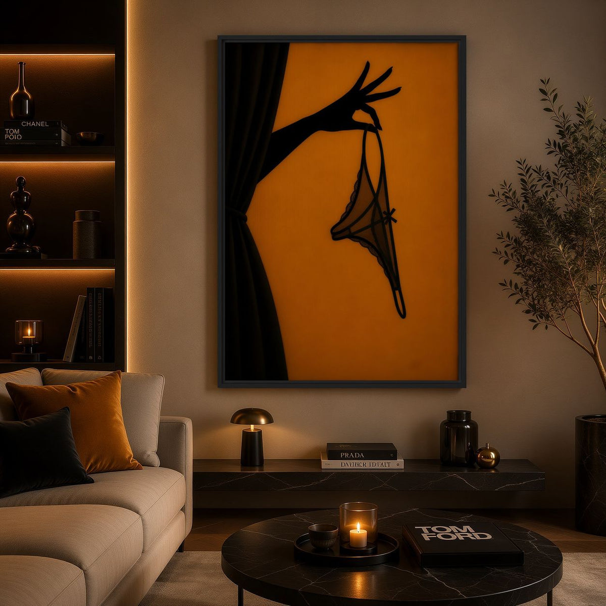 Lingerie silhouette print above a console in a warmly lit lounge
