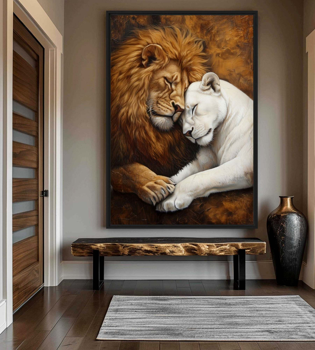 Lion and Lioness Romantic Wildlife Framed Canvas