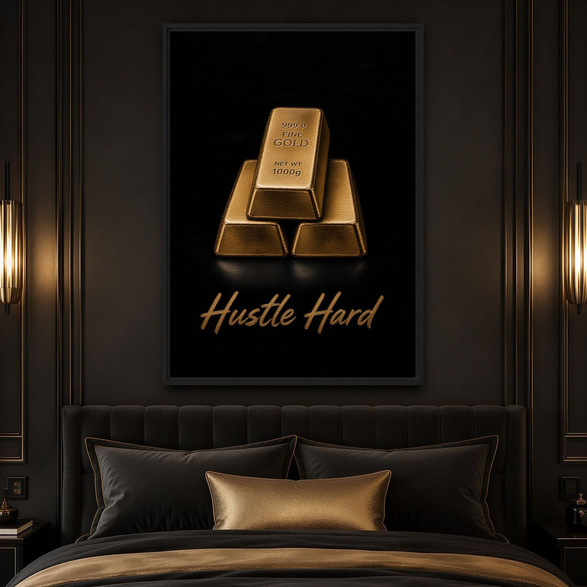 Gold-bar Hustle Hard canvas above a dark upholstered bed