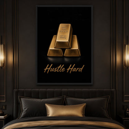 Gold-bar Hustle Hard canvas above a dark upholstered bed
