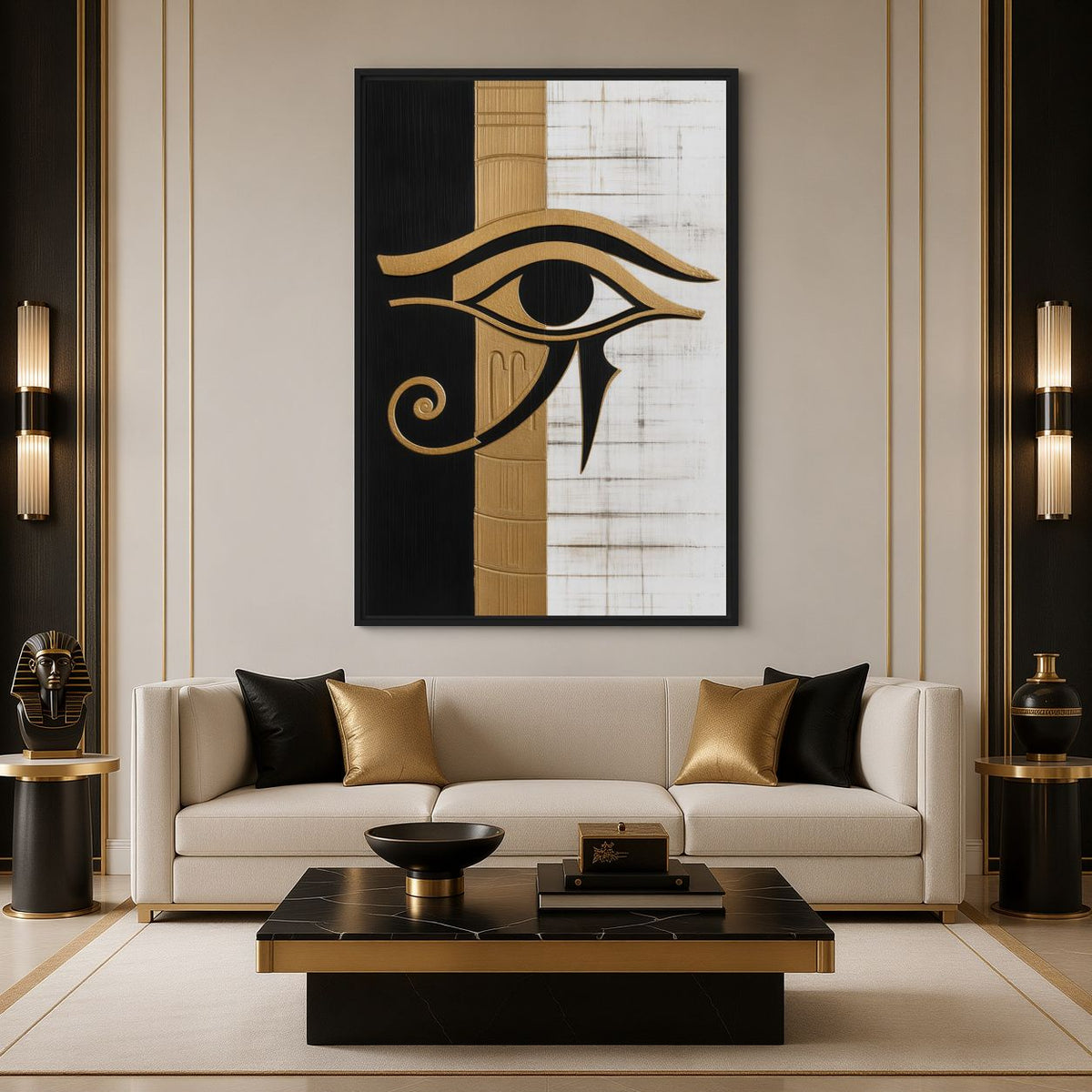Egyptian eye artwork above a cream sofa in a black, white and gold-toned living room