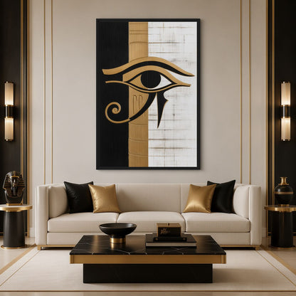 Egyptian eye artwork above a cream sofa in a black, white and gold-toned living room