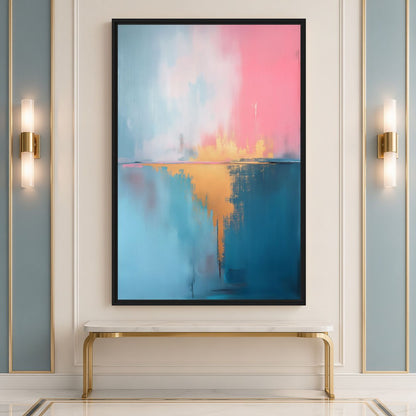 Pink-blue abstract canvas above a slim gold-toned console