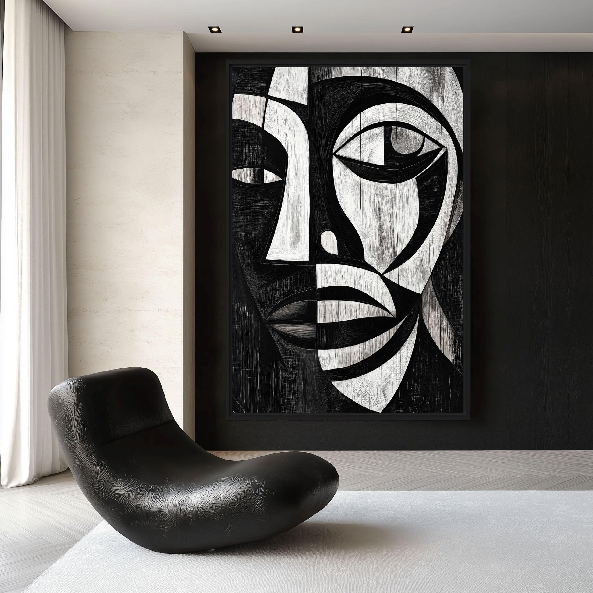 African Abstract Art Black and White Framed Canvas