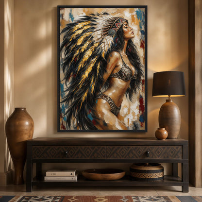 Feather Headdress Woman Western Art Framed Canvas
