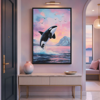 Orca canvas above a console in a pink-toned entrance hall