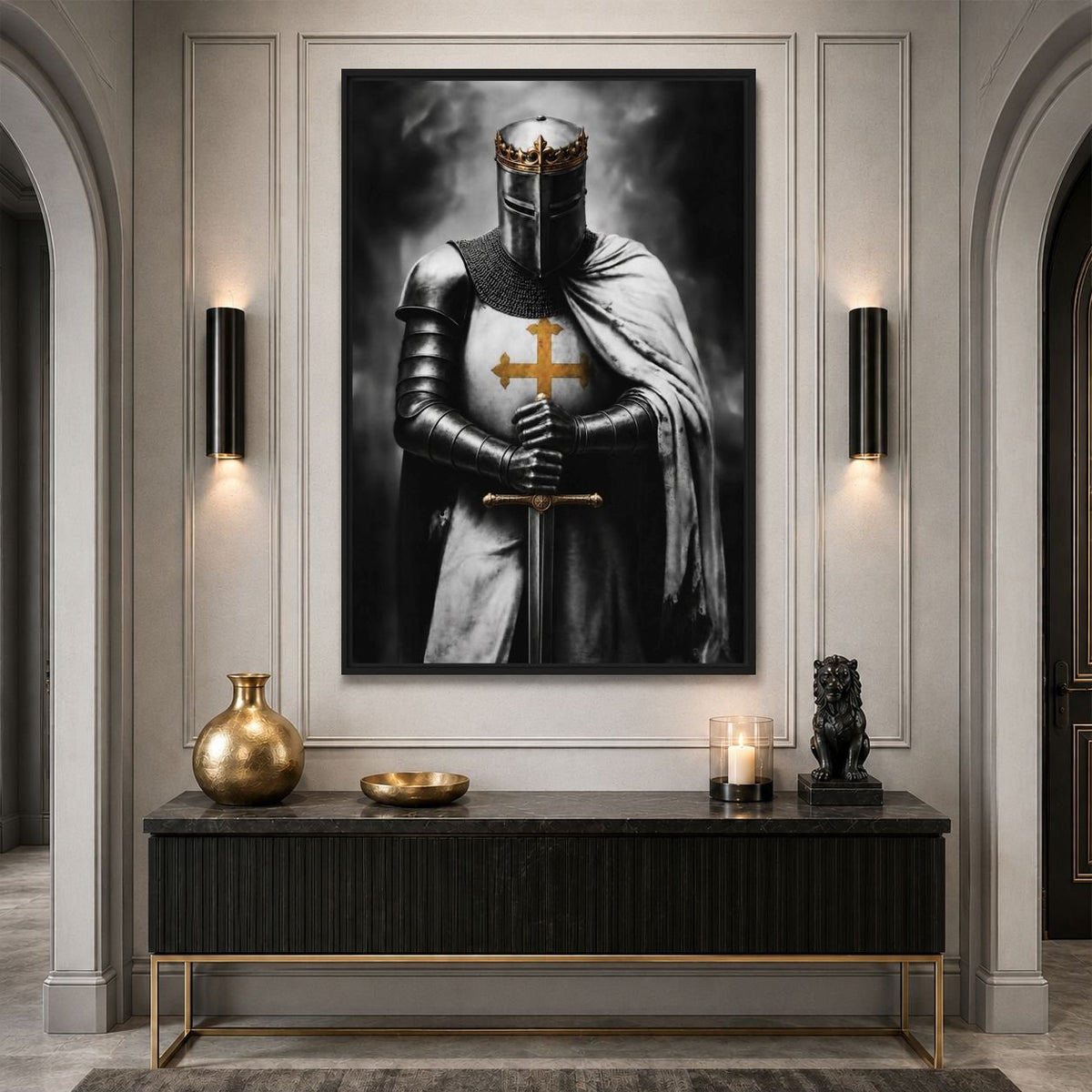 Knight canvas above a black console against pale wall panelling