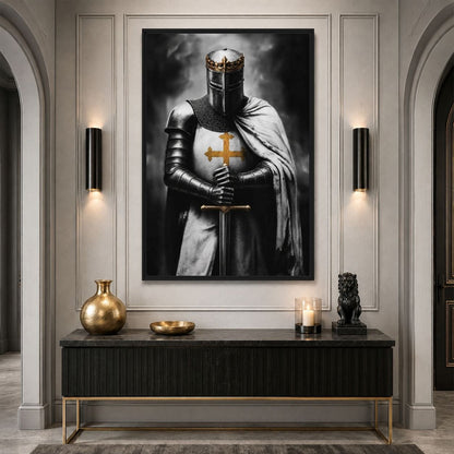 Knight canvas above a black console against pale wall panelling