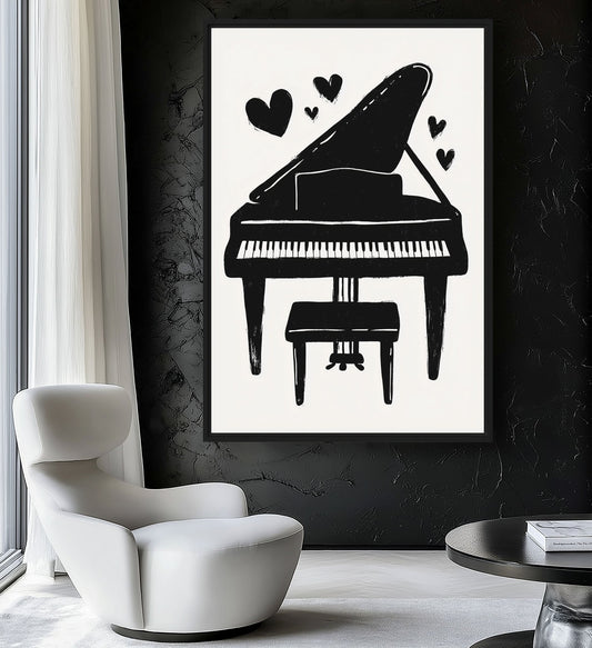 Black And White Piano Minimalist Art Framed Canvas