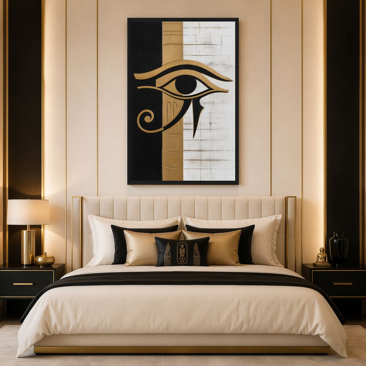 Egyptian eye canvas above a cream bed with black and gold-toned cushions