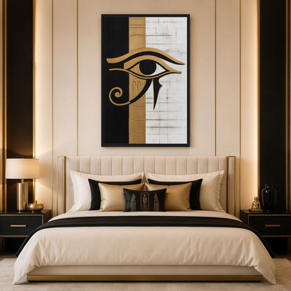 Egyptian eye canvas above a cream bed with black and gold-toned cushions