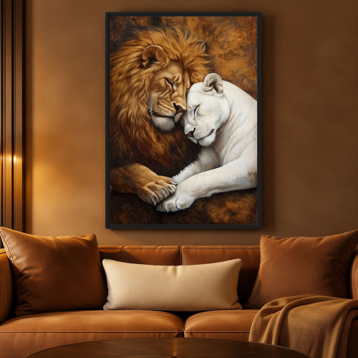 Lion and Lioness Romantic Wildlife Framed Canvas