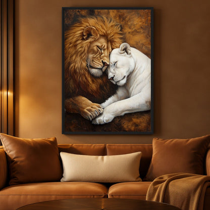 Lion and Lioness Romantic Wildlife Framed Canvas