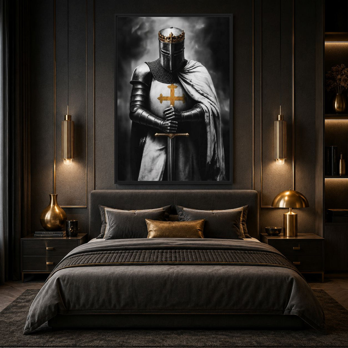 Crowned knight artwork above a dark bed between warm pendant lights