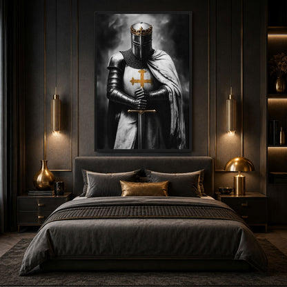 Crowned knight artwork above a dark bed between warm pendant lights