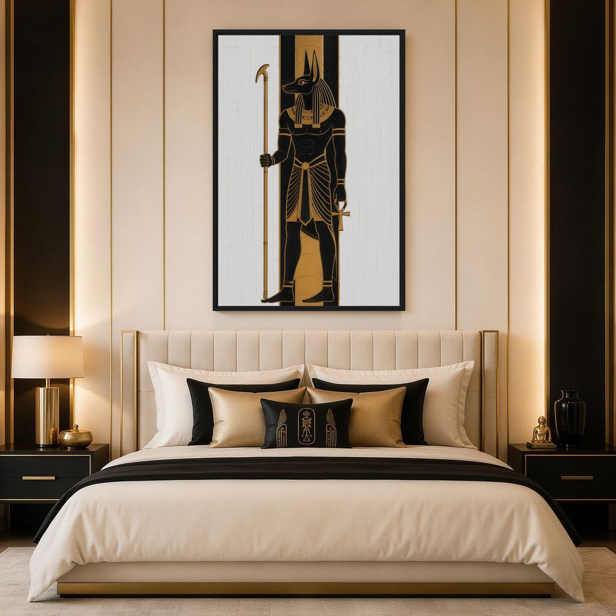 Bedroom mockup of Anubis artwork above cream bedding with dark accent pillows