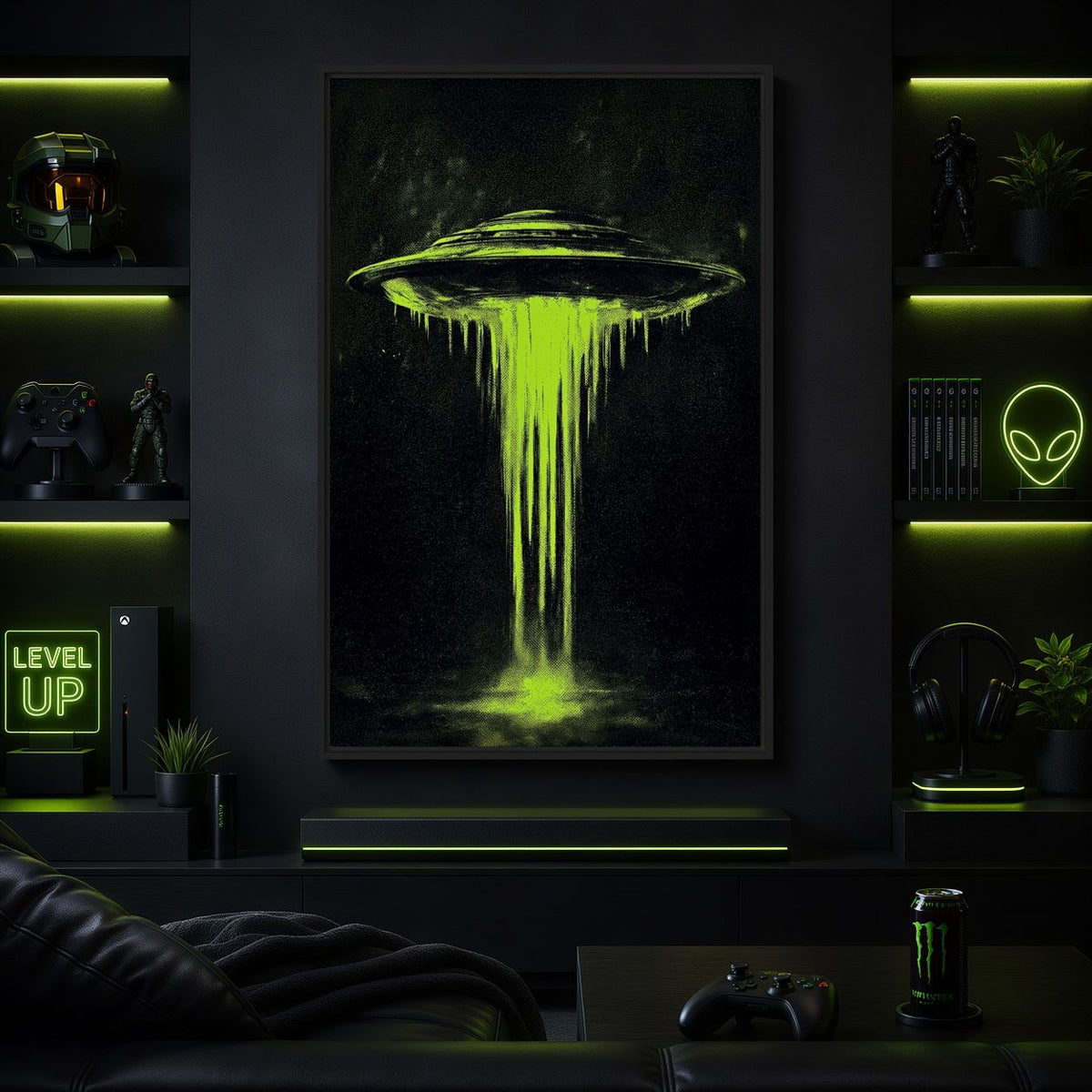 Entertainment-room mockup of UFO artwork above a console between illuminated display shelves