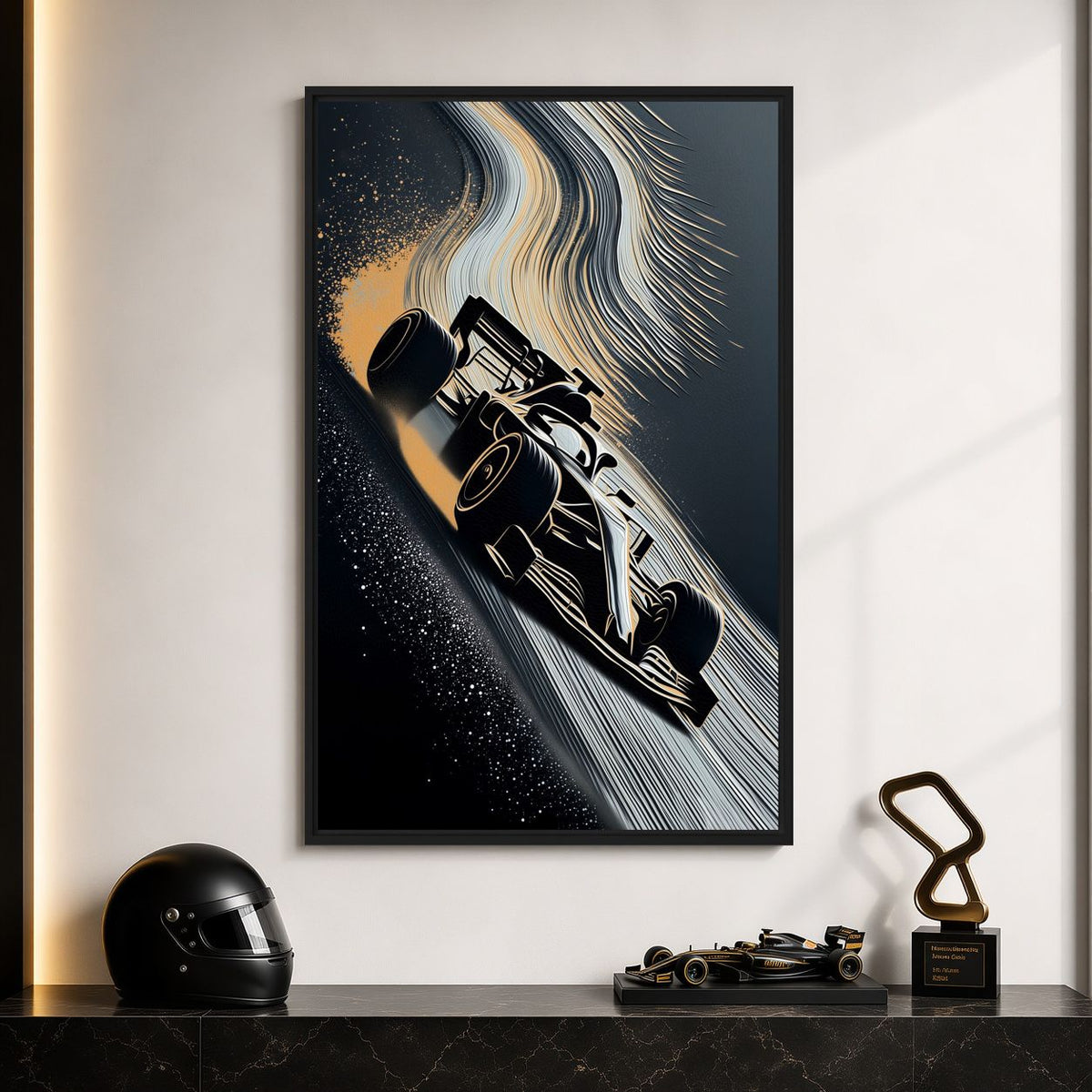 Open-wheel racing artwork above a console with a helmet, model car and trophy