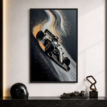 Open-wheel racing artwork above a console with a helmet, model car and trophy