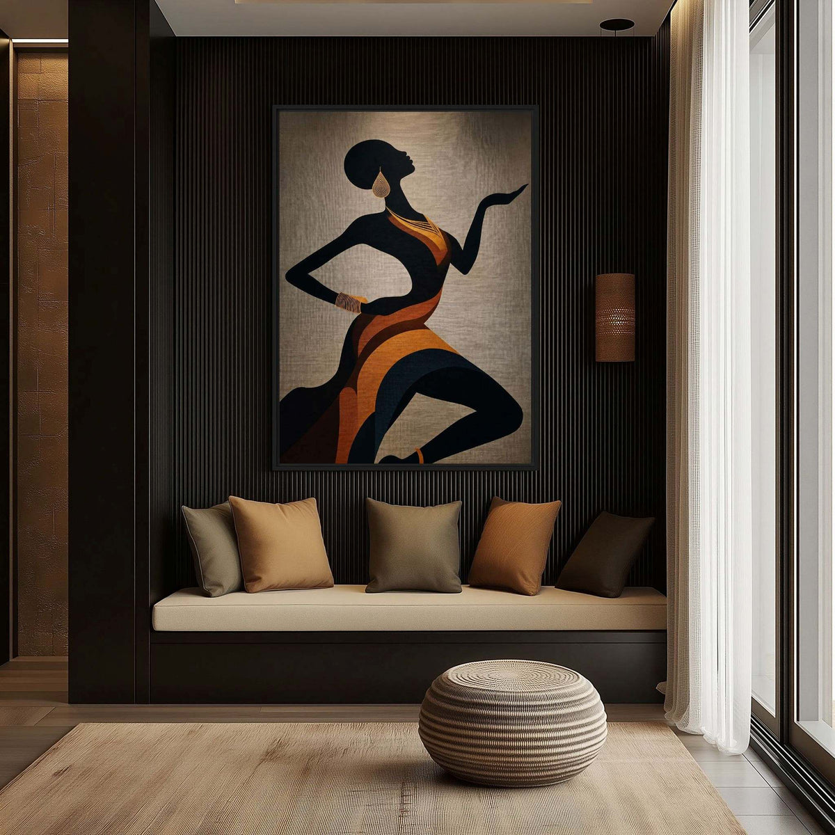 Window-seat mockup of the figurative artwork above cream cushions on a dark panelled wall