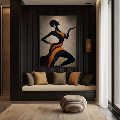 Window-seat mockup of the figurative artwork above cream cushions on a dark panelled wall
