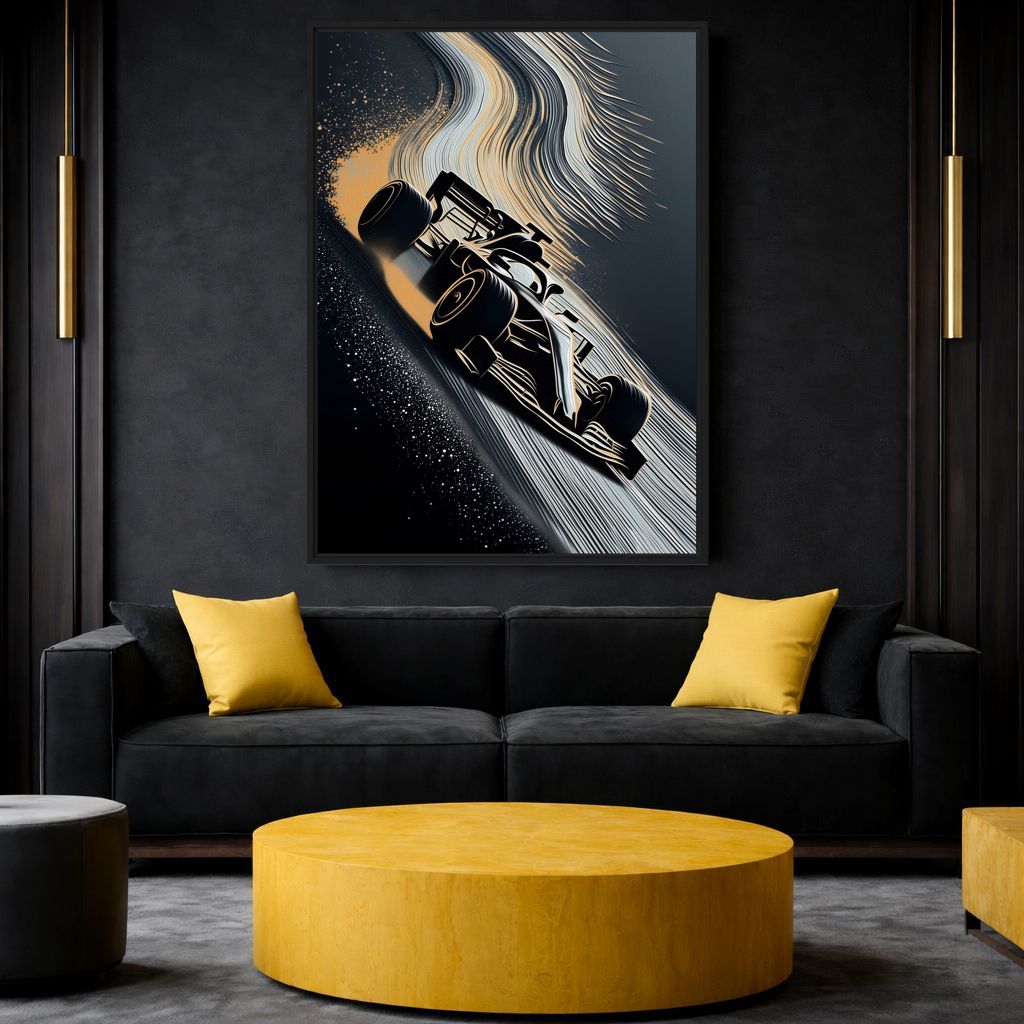 Racing artwork above a black sofa with yellow cushions and a round yellow ottoman