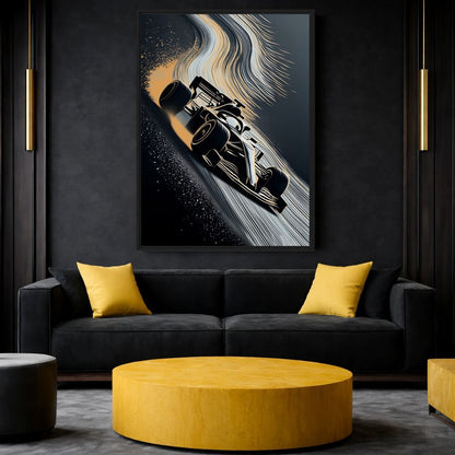 Racing artwork above a black sofa with yellow cushions and a round yellow ottoman