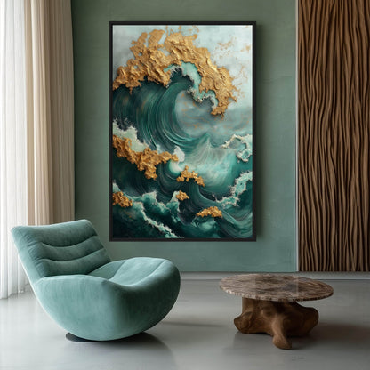 Teal Gold Majestic Wave Framed Canvas
