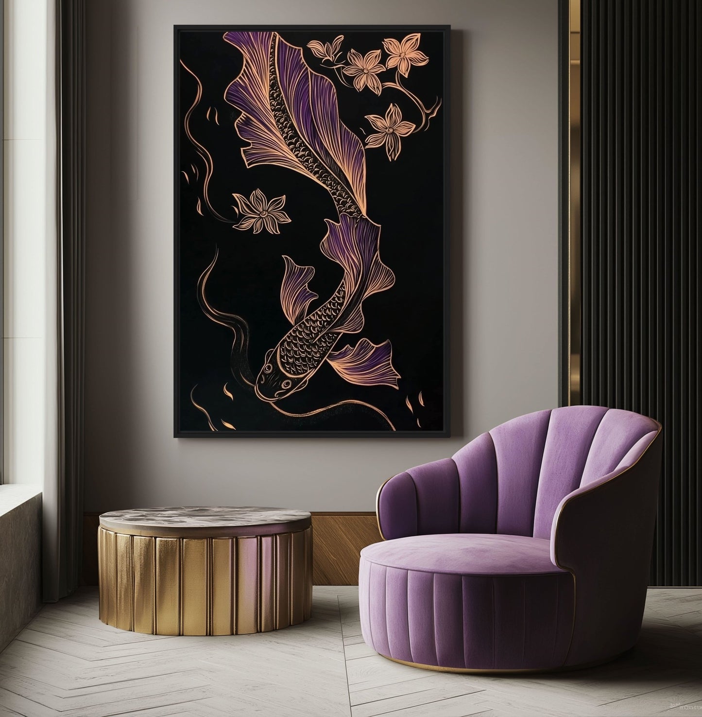 Koi Fish Line Art Framed Canvas