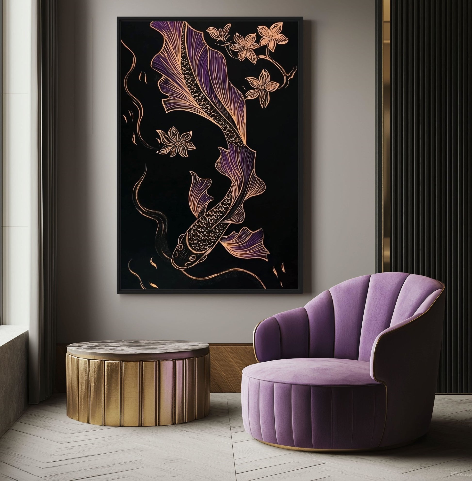 Koi Fish Line Art Framed Canvas