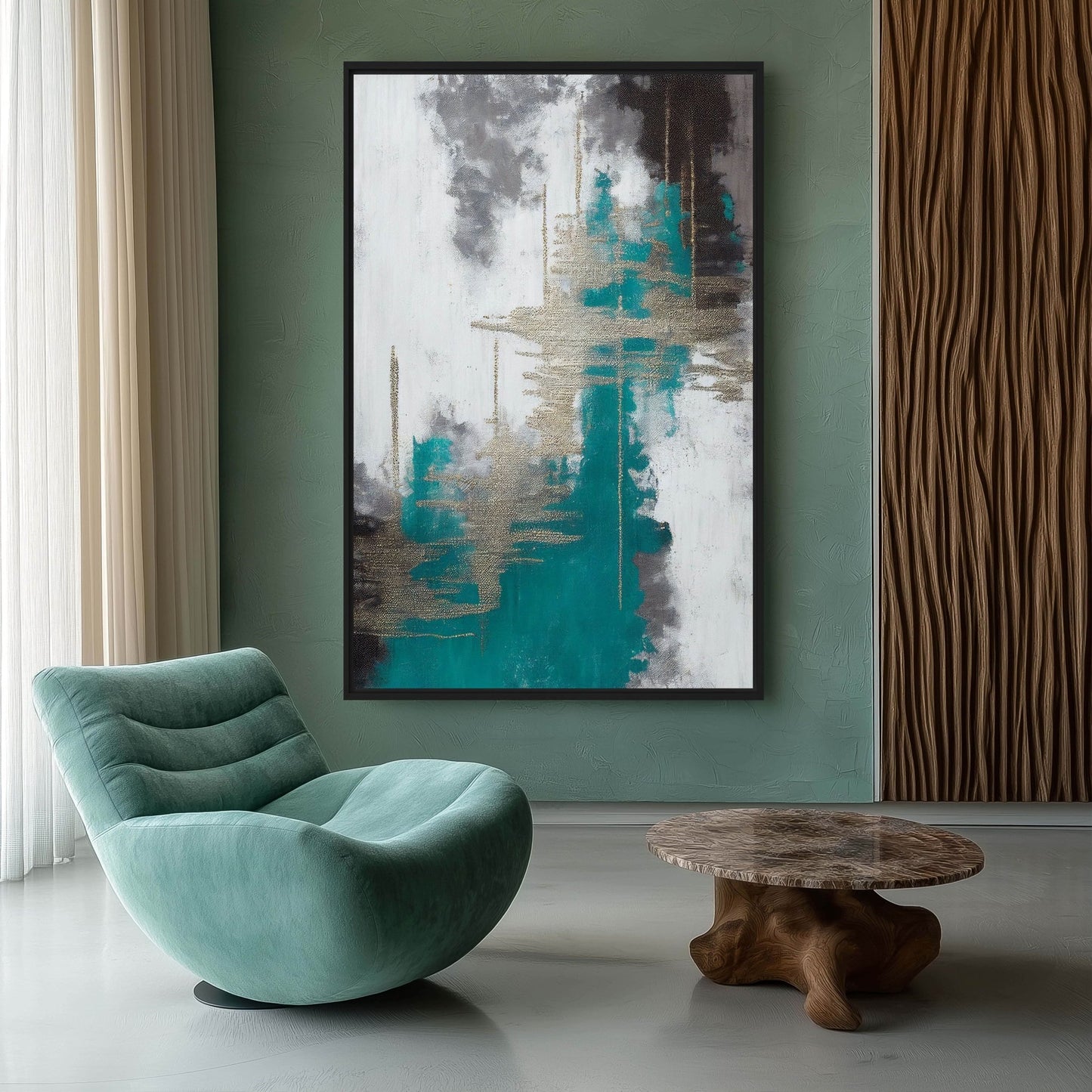Teal White Grey Silver Modern Art Framed Canvas