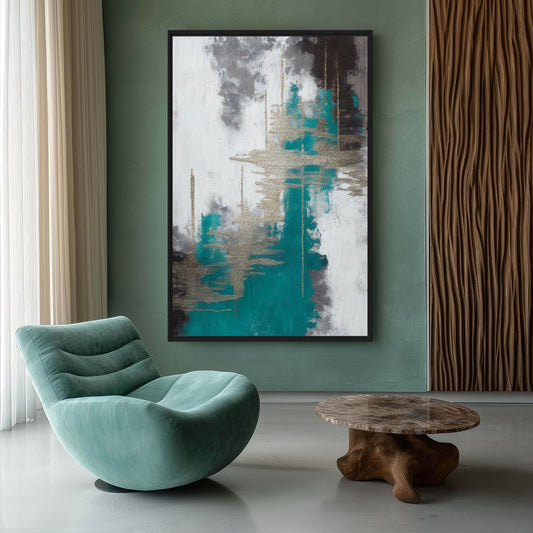 Teal White Grey Silver Modern Art Framed Canvas
