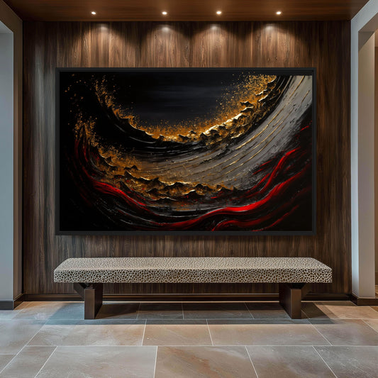 Wave Crimson Red Gold Black Luxury Art Framed Canvas