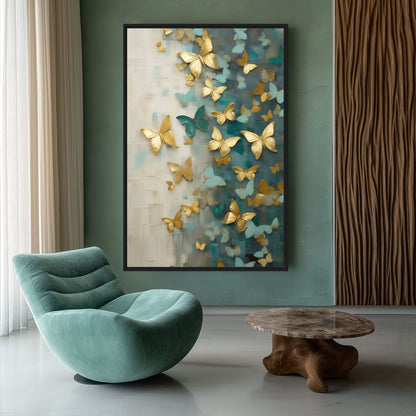 Butterflies Teal Gold Modern Art Framed Canvas
