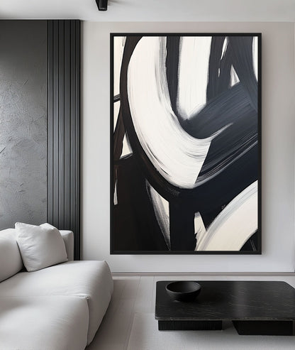 Black White Brushstroke Abstract Art Framed Canvas