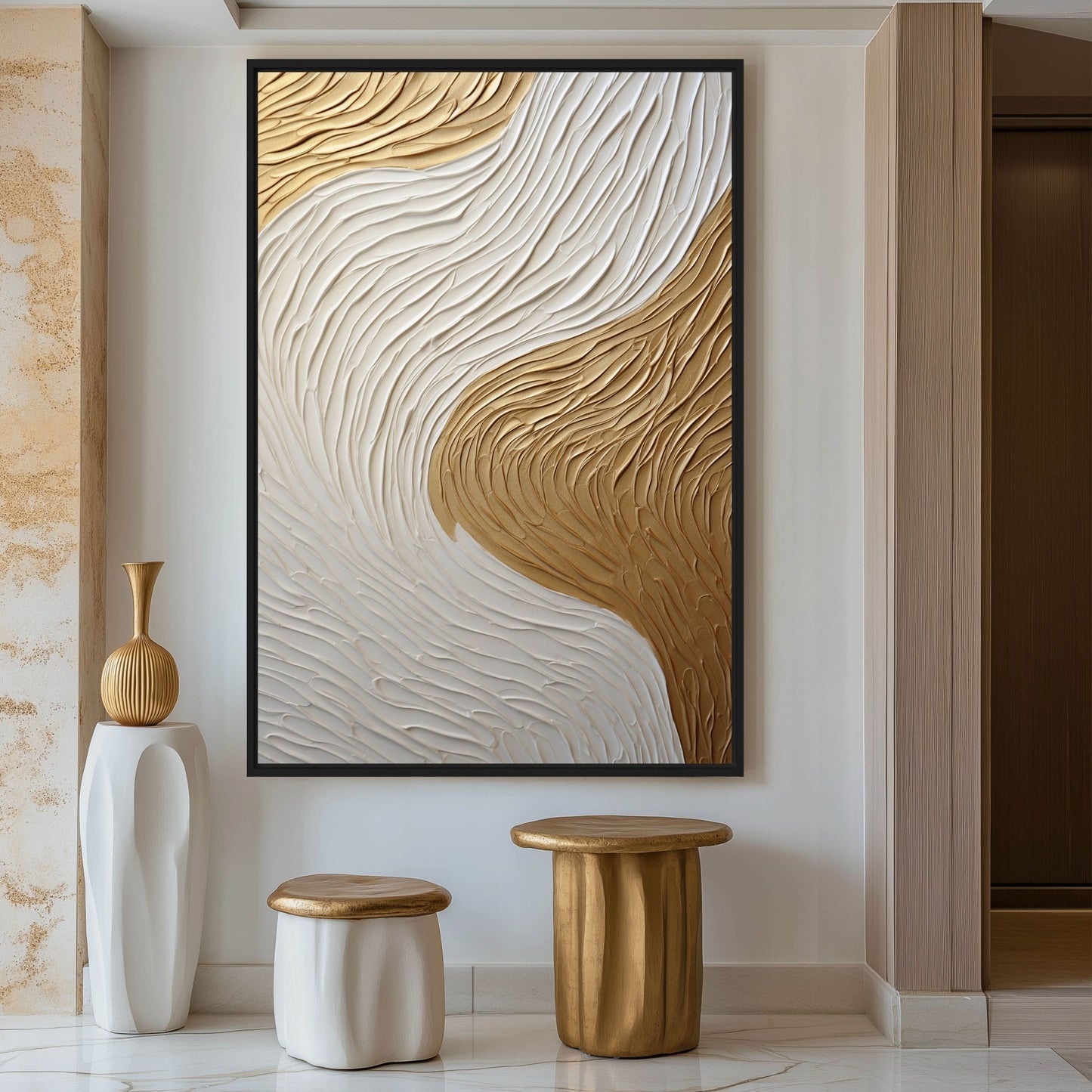 White Gold Impasto Art Framed Canvas