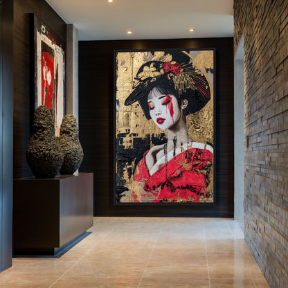 Geisha In Red Kimono Japanese Art Digital Print