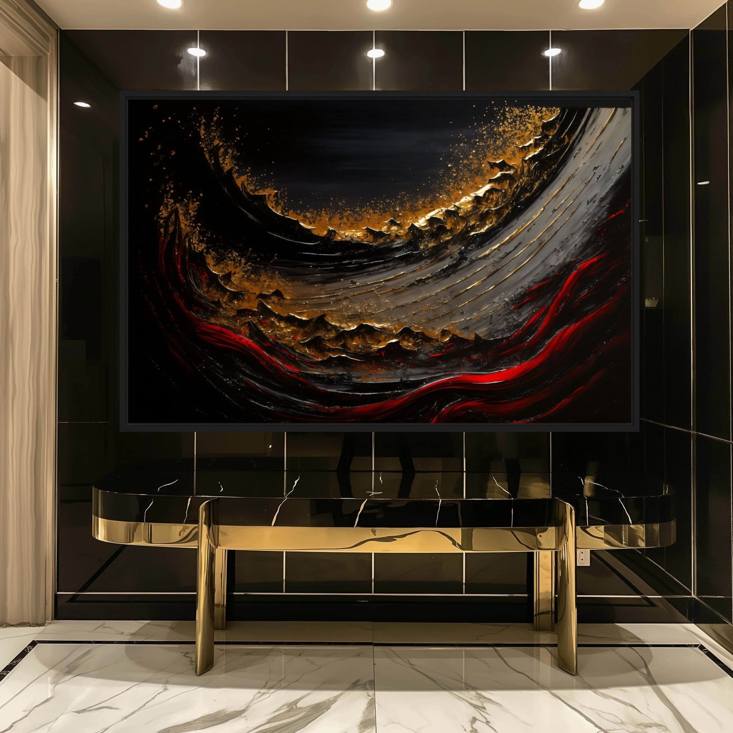 Wave Crimson Red Gold Black Luxury Art Framed Canvas
