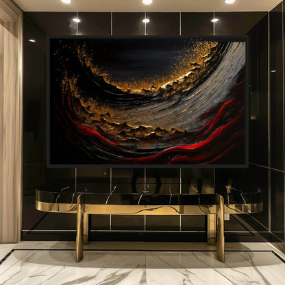 Wave Crimson Red Gold Black Luxury Art Framed Canvas