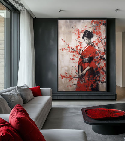 Geisha in Red Kimono Japanese Art Framed Canvas