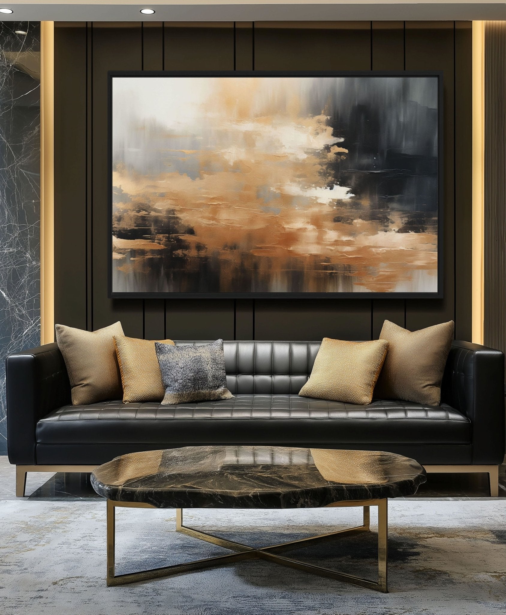 Gold Black Grey Modern Art Framed Canvas