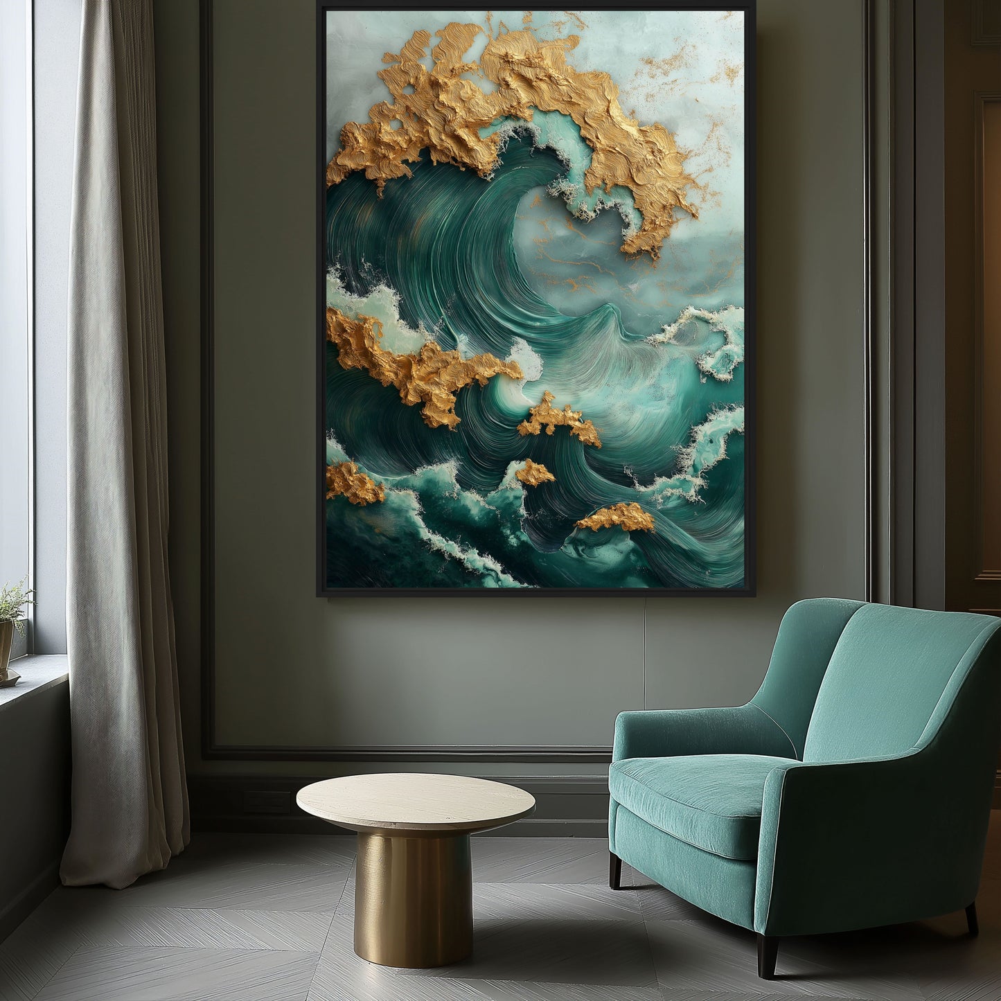 Teal Gold Majestic Wave Framed Canvas