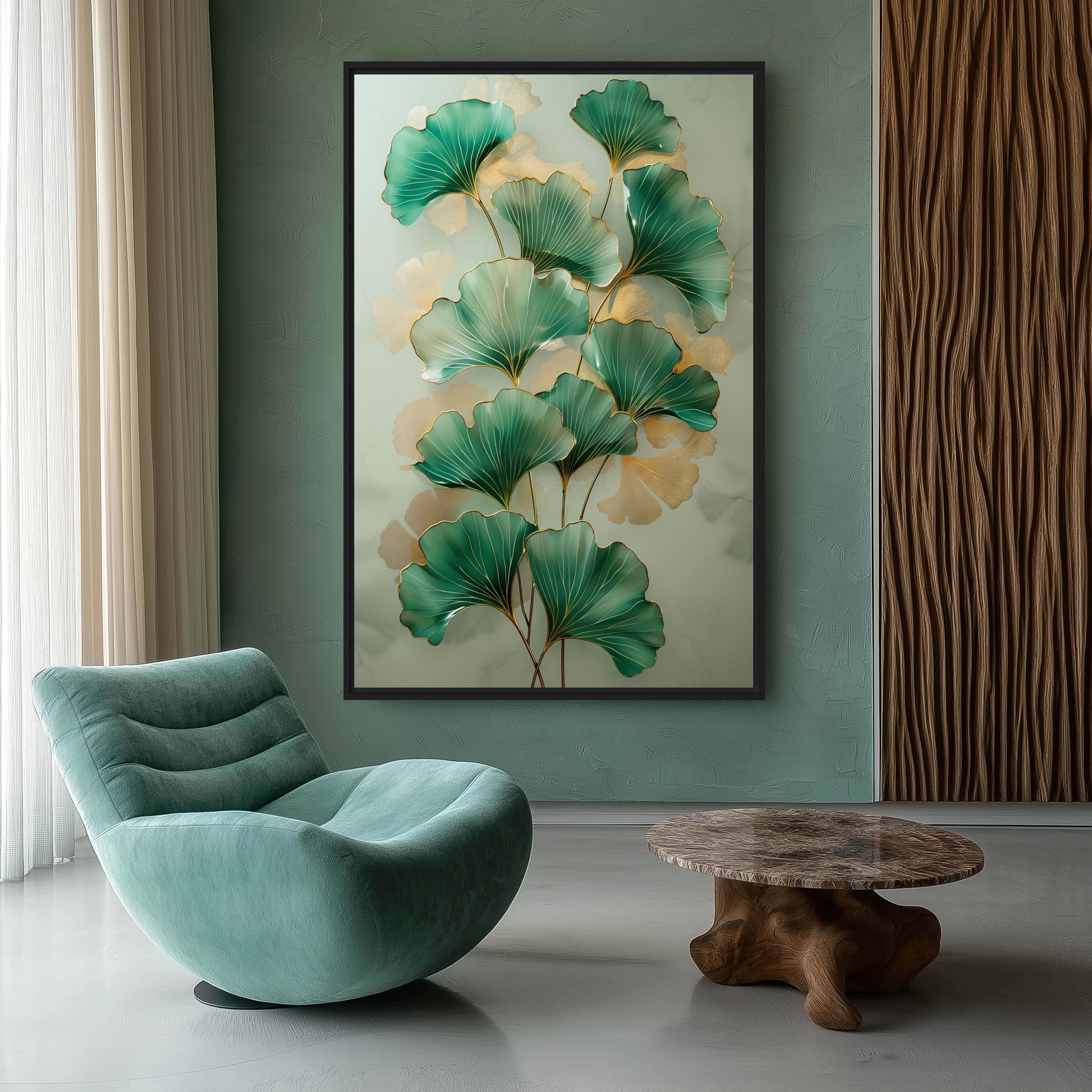 Green Ginkgo Leaves Covered In Gold Framed Canvas - PaintFu