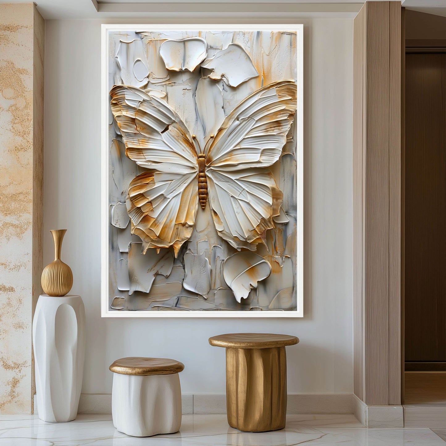 Butterfly White & Gold Modern Art Digital Print