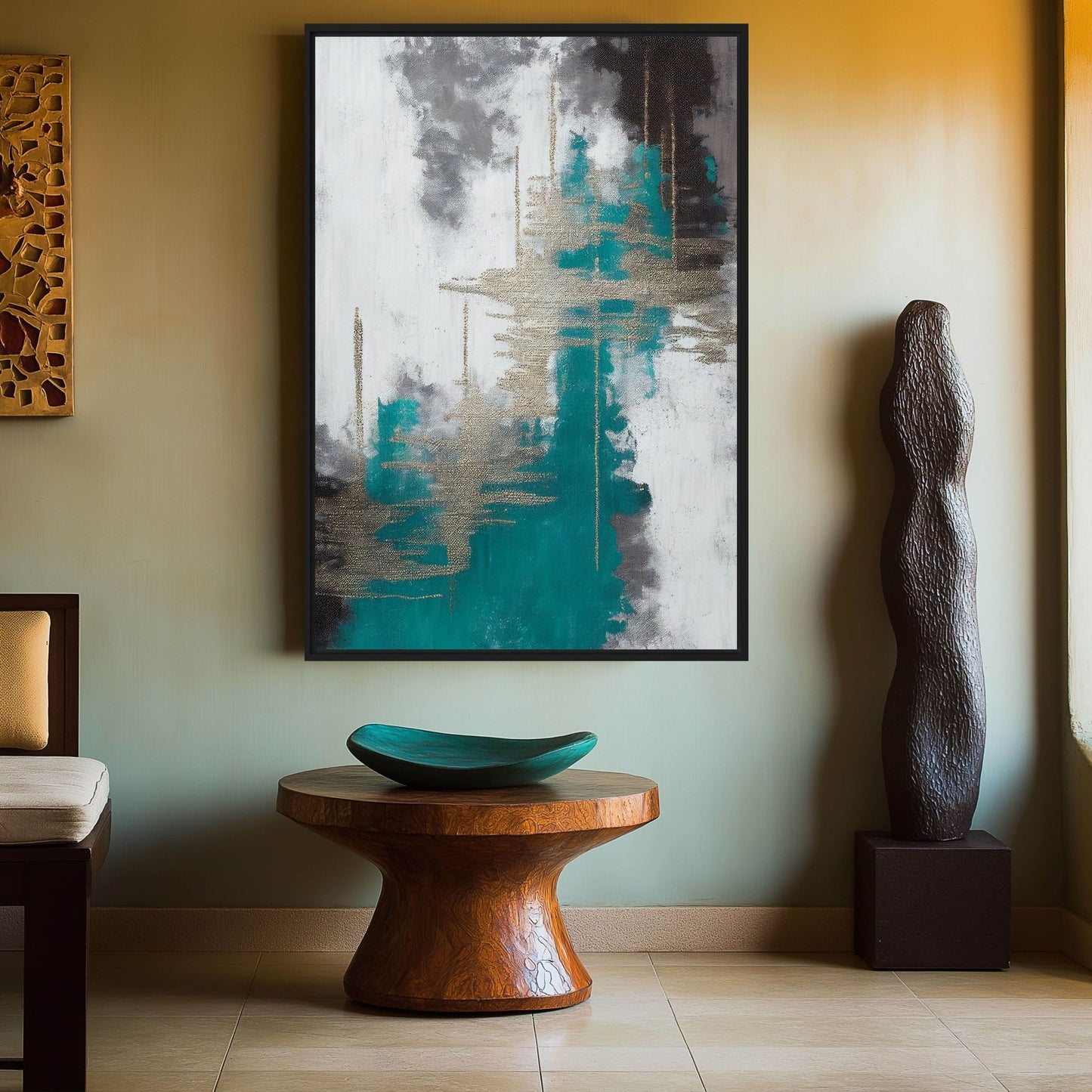 Teal White Grey Silver Modern Art Framed Canvas