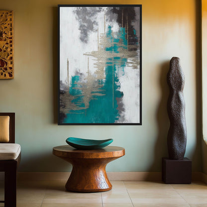 Teal White Grey Silver Modern Art Framed Canvas