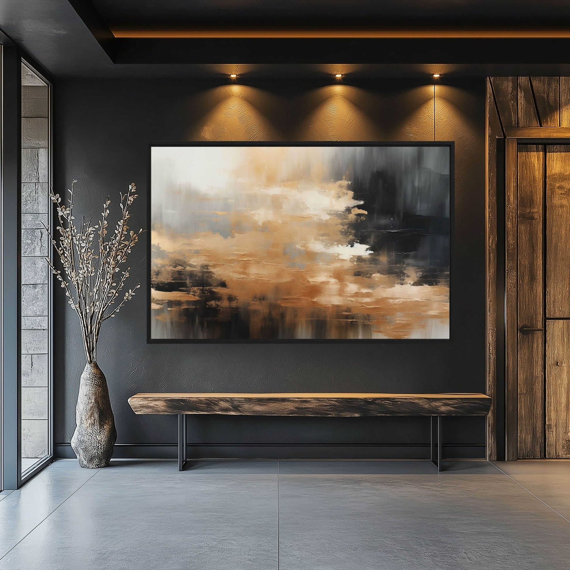 Gold Black Grey Modern Art Framed Canvas