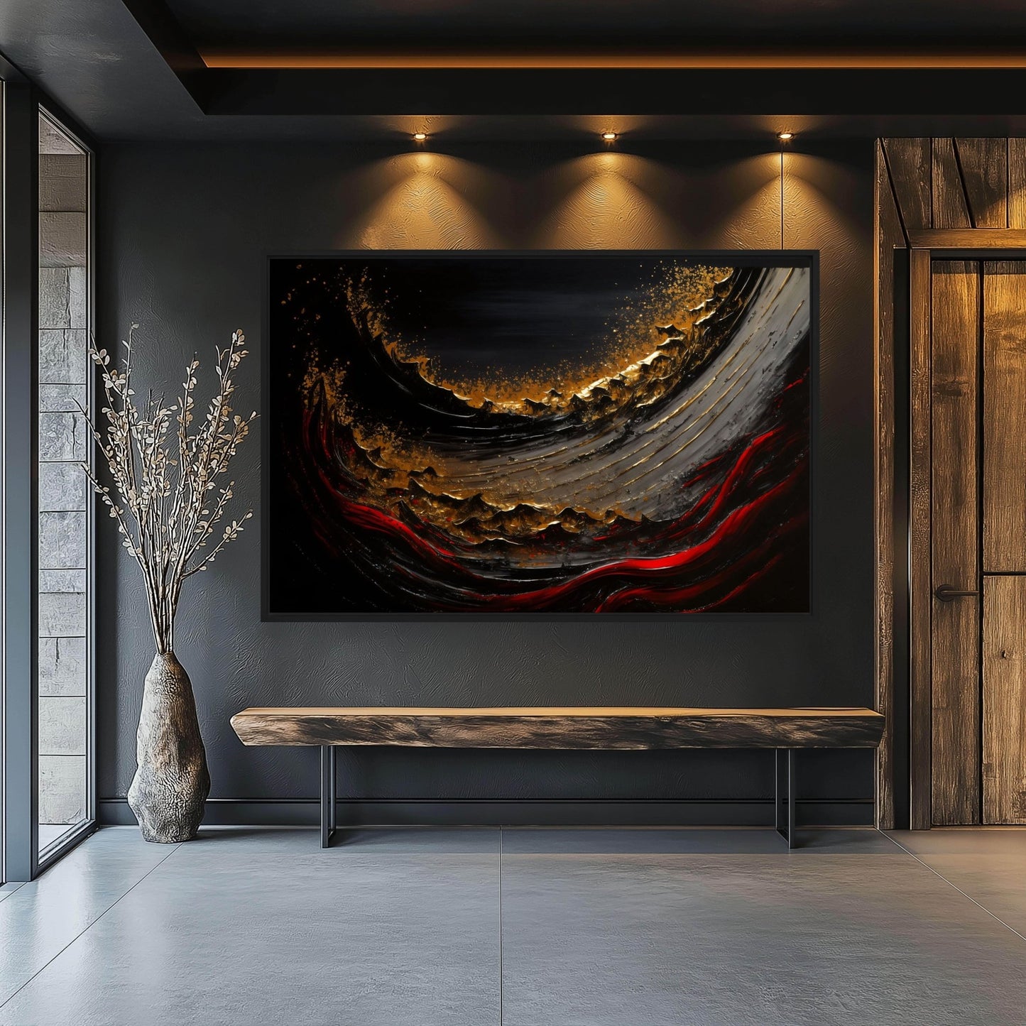 Wave Crimson Red Gold Black Luxury Art Framed Canvas