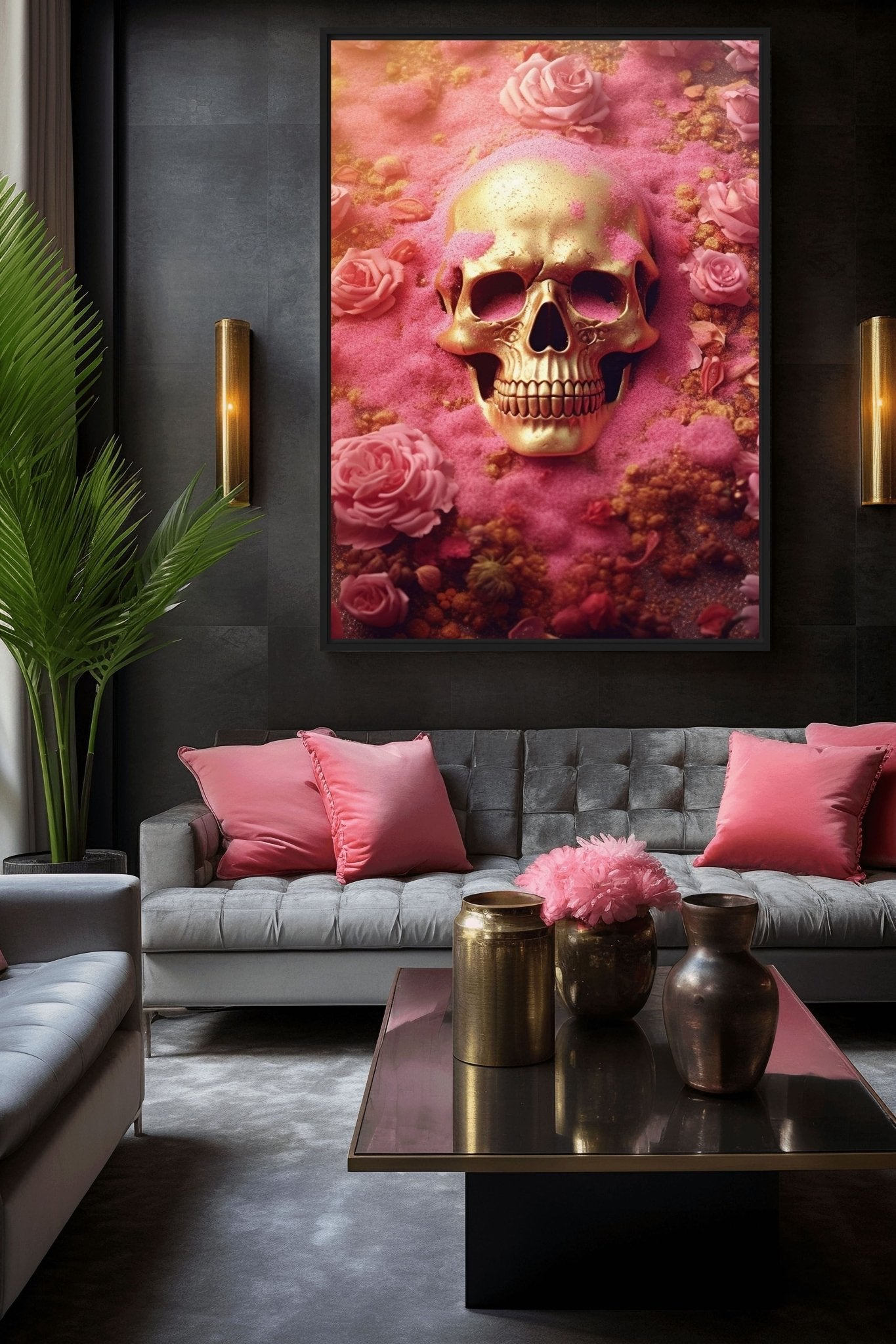 Skull In Pink Flowers Framed Canvas