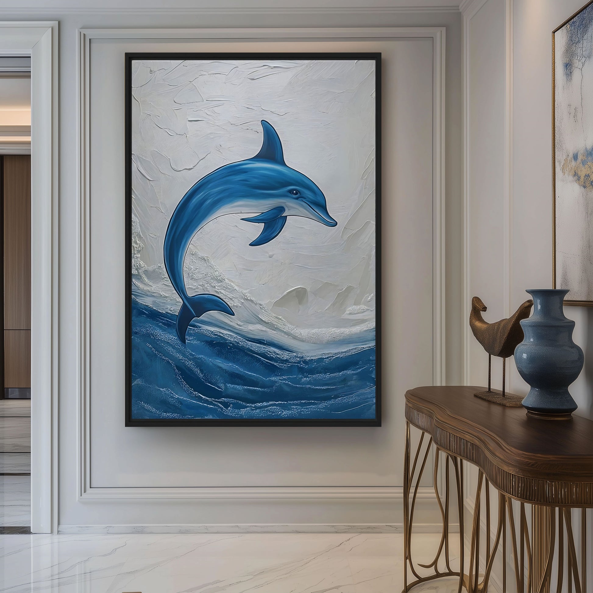 Blue Dolphin Nautical Art Framed Canvas - PaintFu